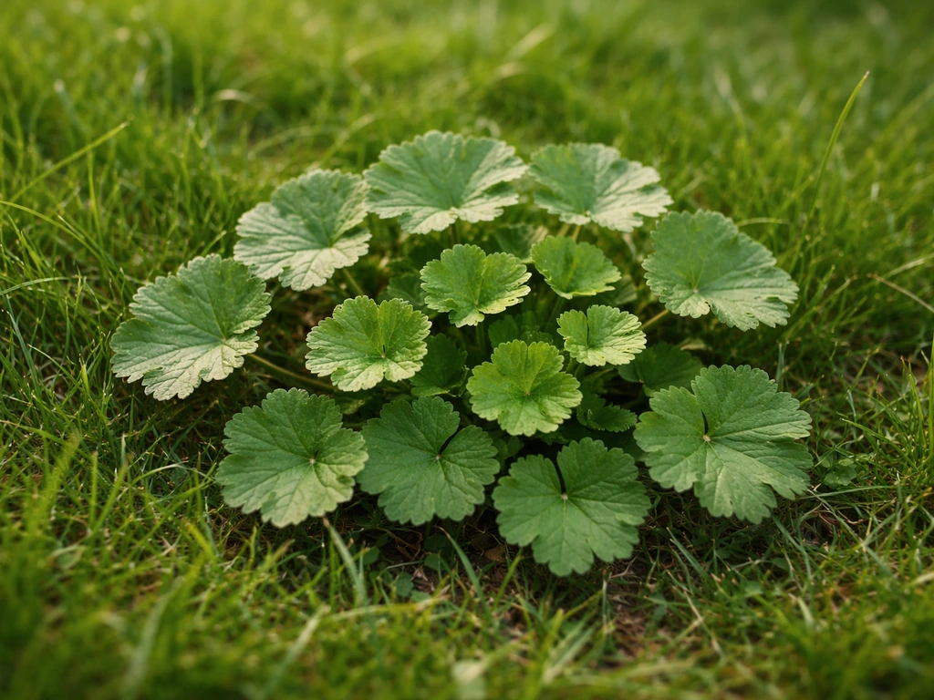 Géranium mou dans la pelouse, rosette de feuilles rondes découpées en lobes, vue rapprochée et nette.