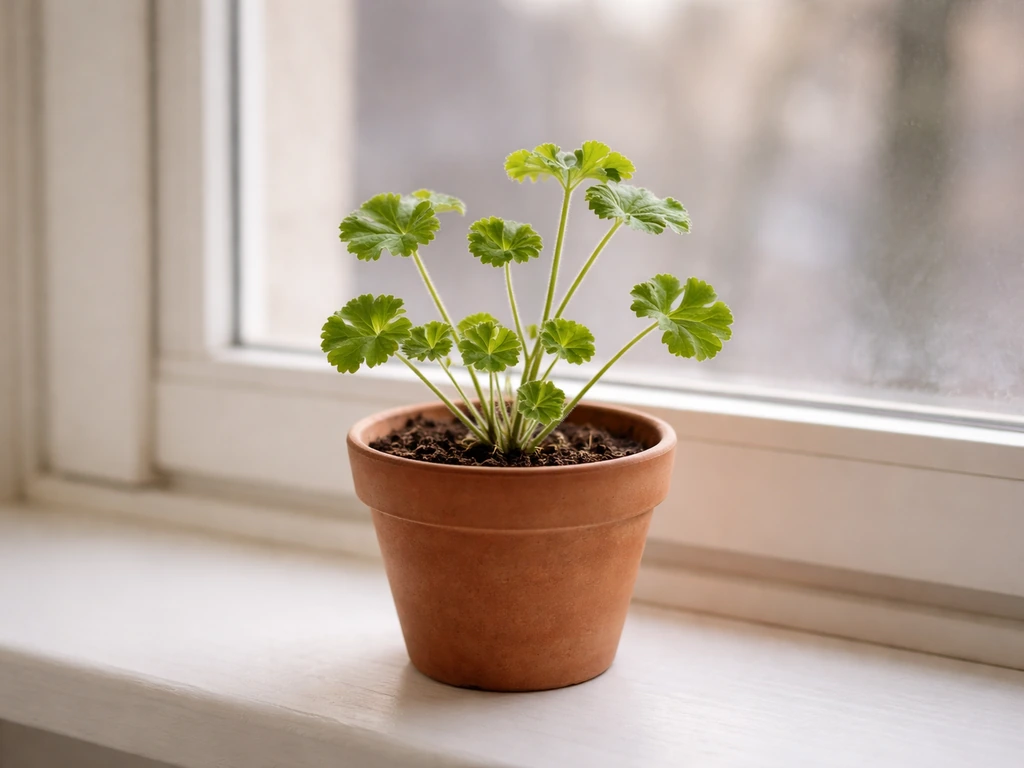 Pot de géranium mou près d’un rebord de fenêtre, saisons suggérées par lumière et feuillage.