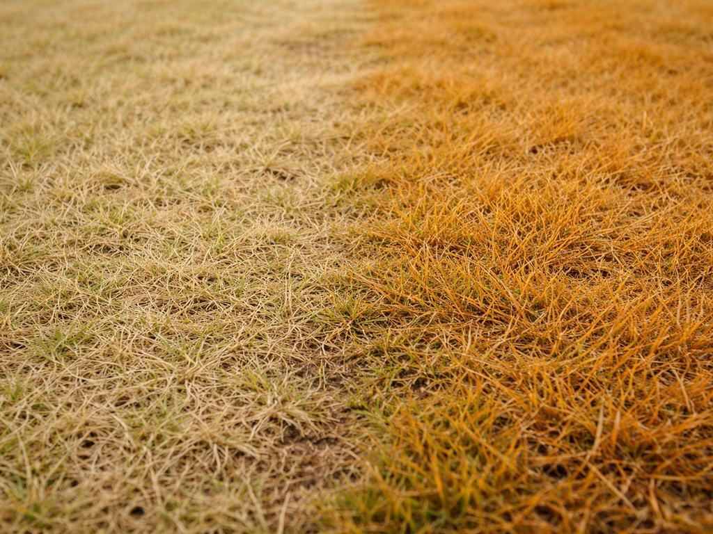 Gros plan sur une pelouse montrant des zones jaune pâle et jaune-orangé, prêtes pour un diagnostic visuel.