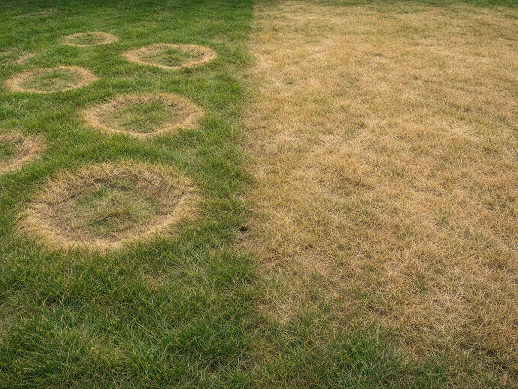 Pelouse avec plaques jaunies en anneaux bien nettes à côté d’une zone uniformément jaunie.