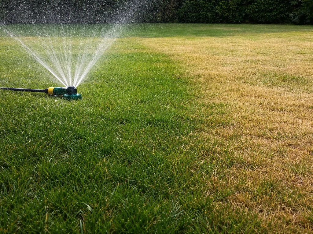Arroseur de jardin humidifiant la surface du gazon, contraste avec une zone sèche et jaunie.