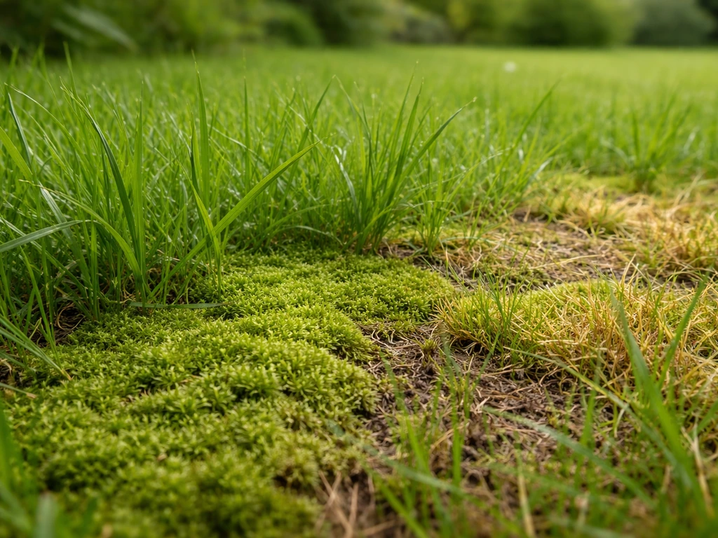 Mousse verte épaisse sur un jeune gazon, avec une petite zone jaunie contrastant avec l’herbe saine.