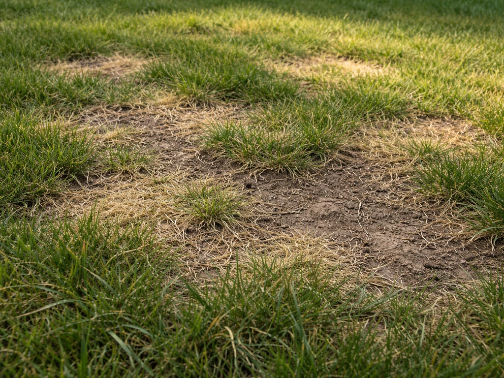 Pelouse clairsemée et jaunie, herbe très pâle, montrant concrètement l’idée d’un gazon qui ne pousse pas.