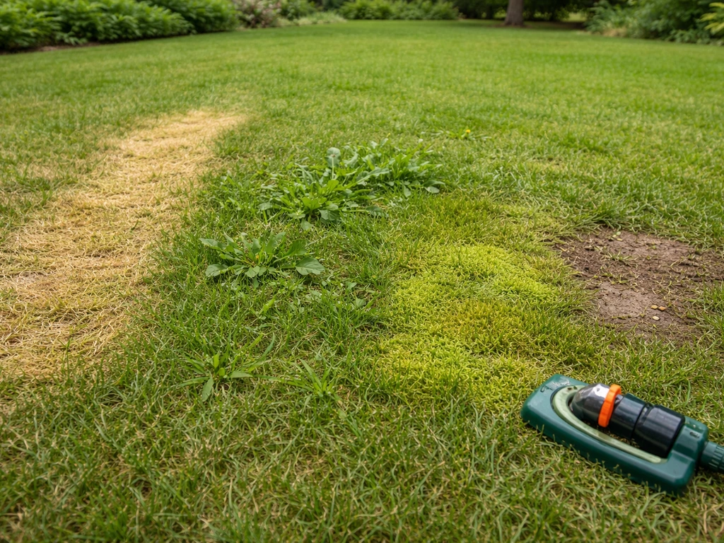 Pelouse de jardin avec zones jaunies, mauvaises herbes, feutre/mousse et terre nue, vue de près.