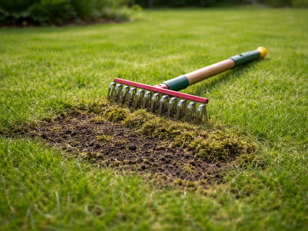 Pelouse tondu e au printemps avec mousse et un râteau de scarification pour préparer le sol.