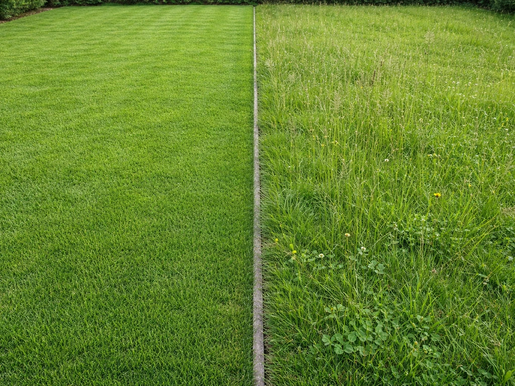 Deux bordures de pelouse : gazon dense et herbe de prairie diversifiée, herbes visibles à même hauteur de tonte.