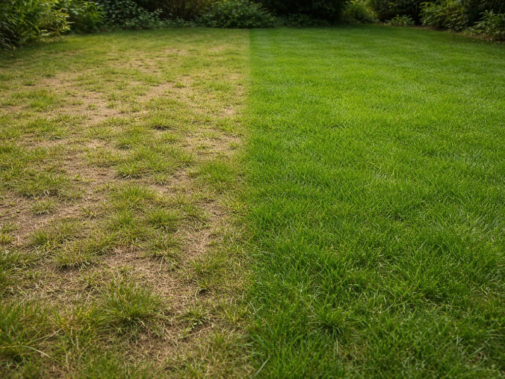 Pelouse en deux zones : gazon clairsemé et sol visible à gauche, gazon plus dense à droite.