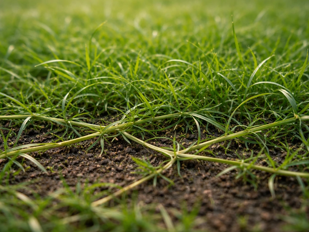Gros plan au ras du sol : feuilles très fines et stolons rampants formant une trame dans la pelouse.