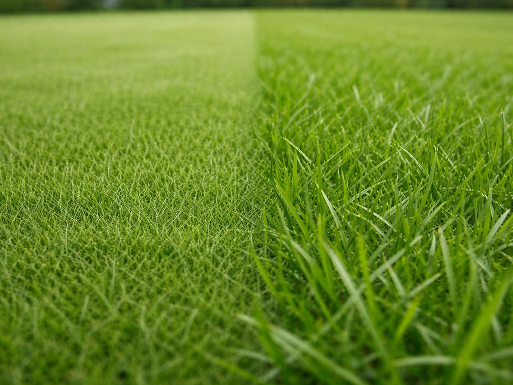 Comparaison au ras du sol entre agrostide stolonifère ultra-fin et ray-grass plus épais, textures côte à côte.