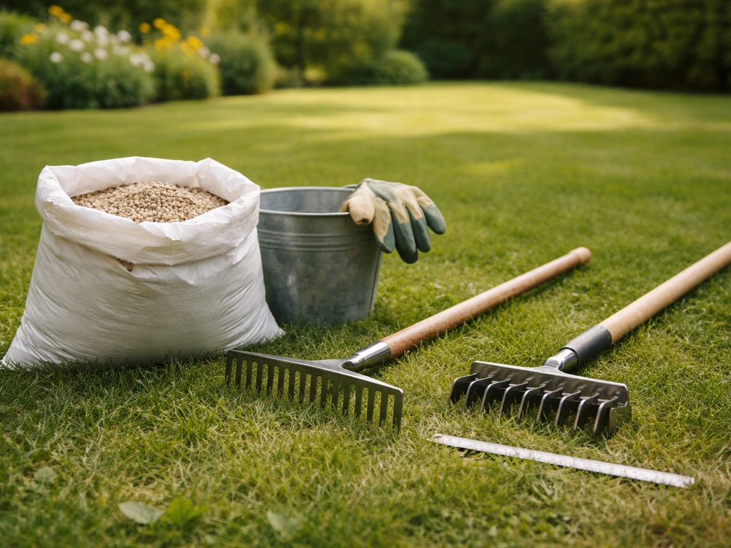Pelouse et ustensiles de jardin : sac d’engrais, râteau/outil de scarification, et repères de hauteur au sol.
