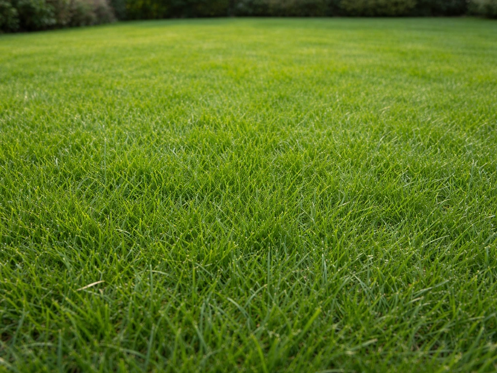 Gazon dense et vert vu de près, texture homogène et touffes fraîches, ambiance jardin au soleil