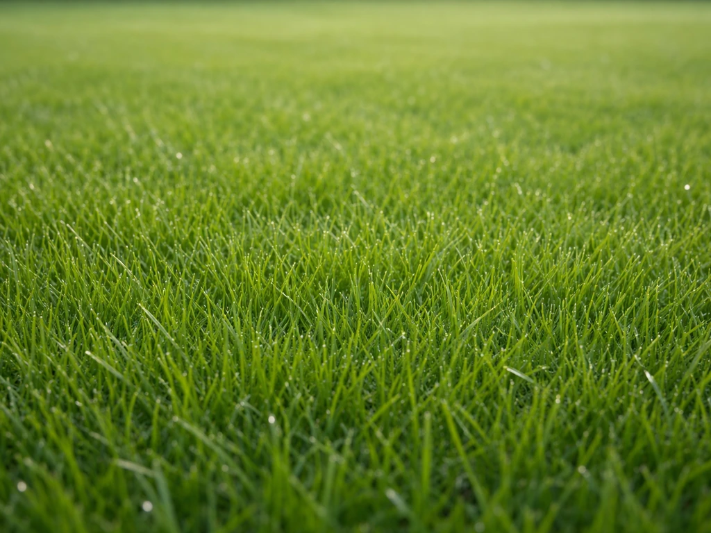Gros plan d’une pelouse dense et bien verte, sans zones clairsemées, avec de la rosée légère.