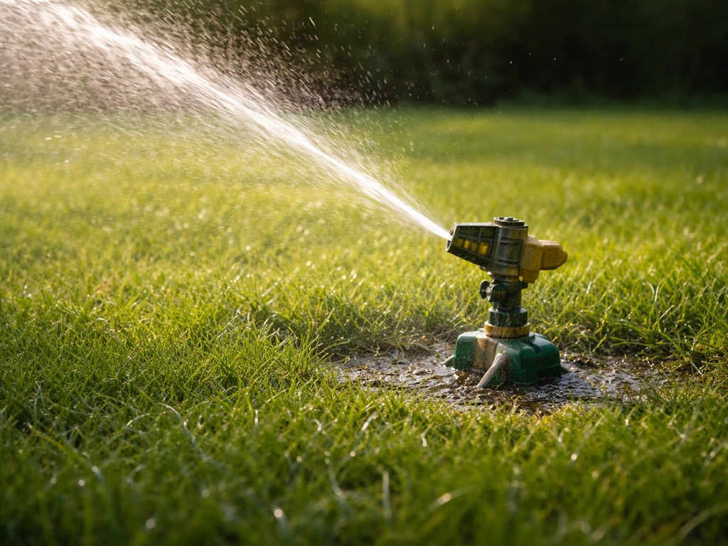 Arroseur pulsé sur une pelouse : arrosage en profondeur, eau retombant sur l’herbe, ambiance naturelle