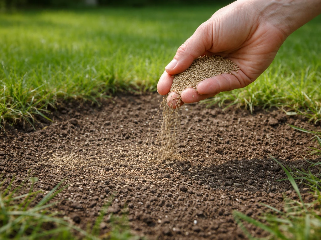 Main qui répand des graines de gazon sur une zone préparée, terreau léger visible, jardin résidentiel.