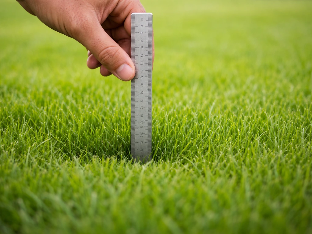 Main enfonçant une règle dans l’herbe pour mesurer la hauteur de coupe de la pelouse.