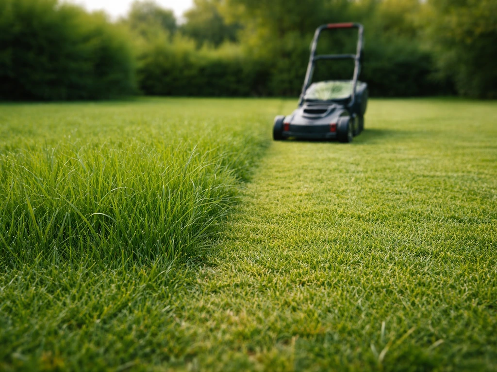 Pelouse tondue montrant clairement l’herbe plus haute à gauche et plus courte après coupe à droite.