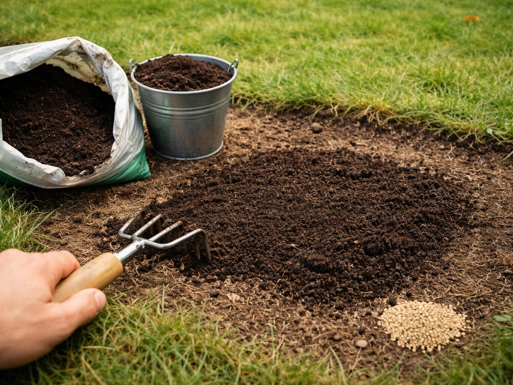 Geste de scarification et dépôt de compost sur une petite zone de pelouse avant regarnissage