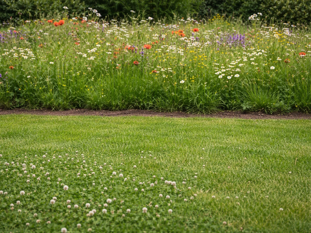 Jardin minimal avec deux zones : fleurs basses tondues au premier plan et prairie fleurie séparée en arrière-plan.