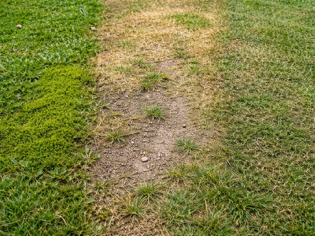 Pelouse de jardin montrant mousse épaisse, zones jaunies et sol feutré/compacté, avant de semer.