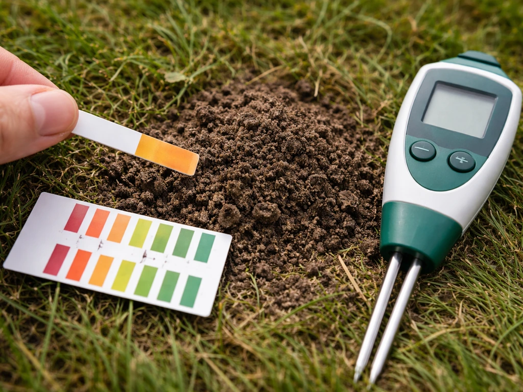 Mesure du pH du sol de pelouse avec bandelette et pH-mètre, sur un prélèvement de terre humide.