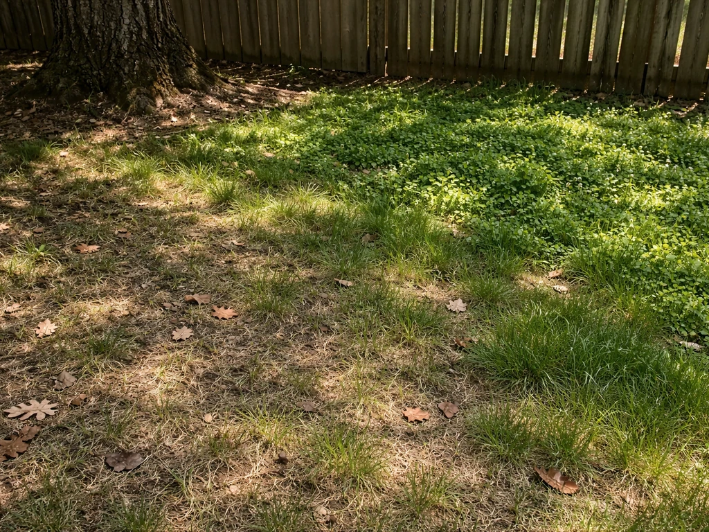 Zone de pelouse en mi-ombre près d’une clôture : herbe clairsemée et trèfle plus dense, sous un arbre.