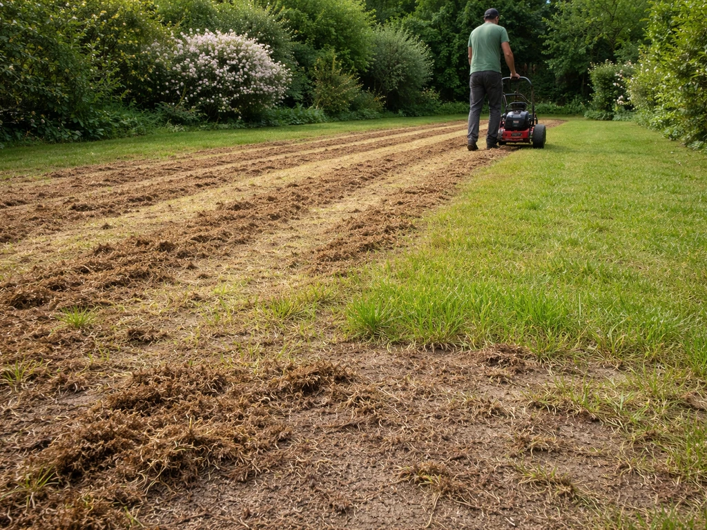 Pelouse après scarification : feutre et débris visibles au sol, scarificateur en action dans le jardin.