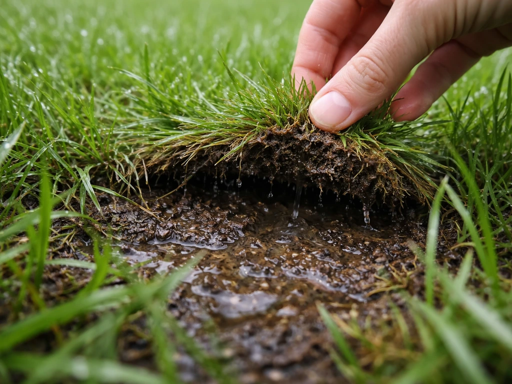 Main tenant une petite poignée de gazon humide, sol spongieux et herbe verdâtre près d’une zone d’eau stagnante.