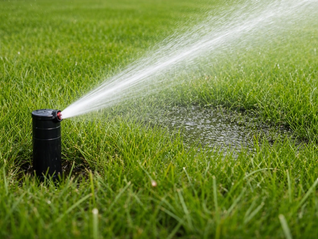 Arroseur automatique arrosant une zone précise du gazon, humidité visible autour des brins d’herbe.