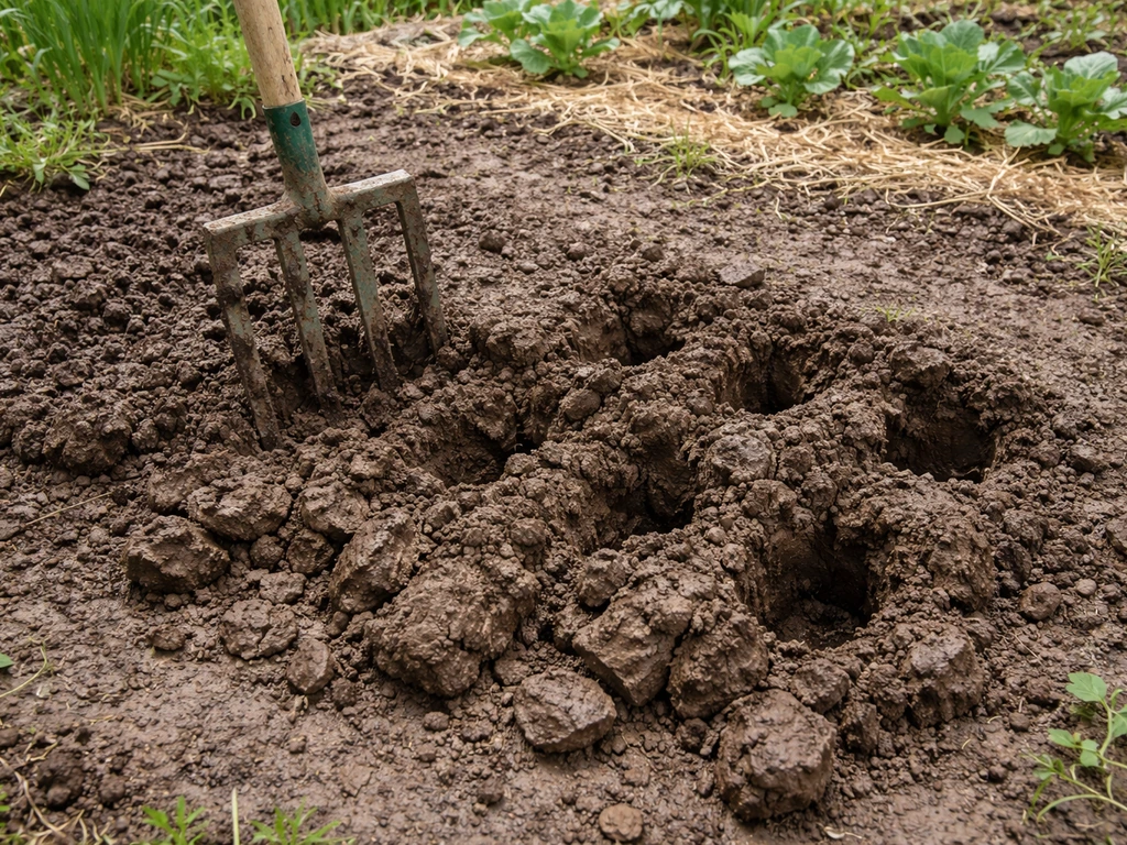 Fourche-bêche à dents carrées enfoncée dans un sol argileux, trous et reliefs visibles après décompactage