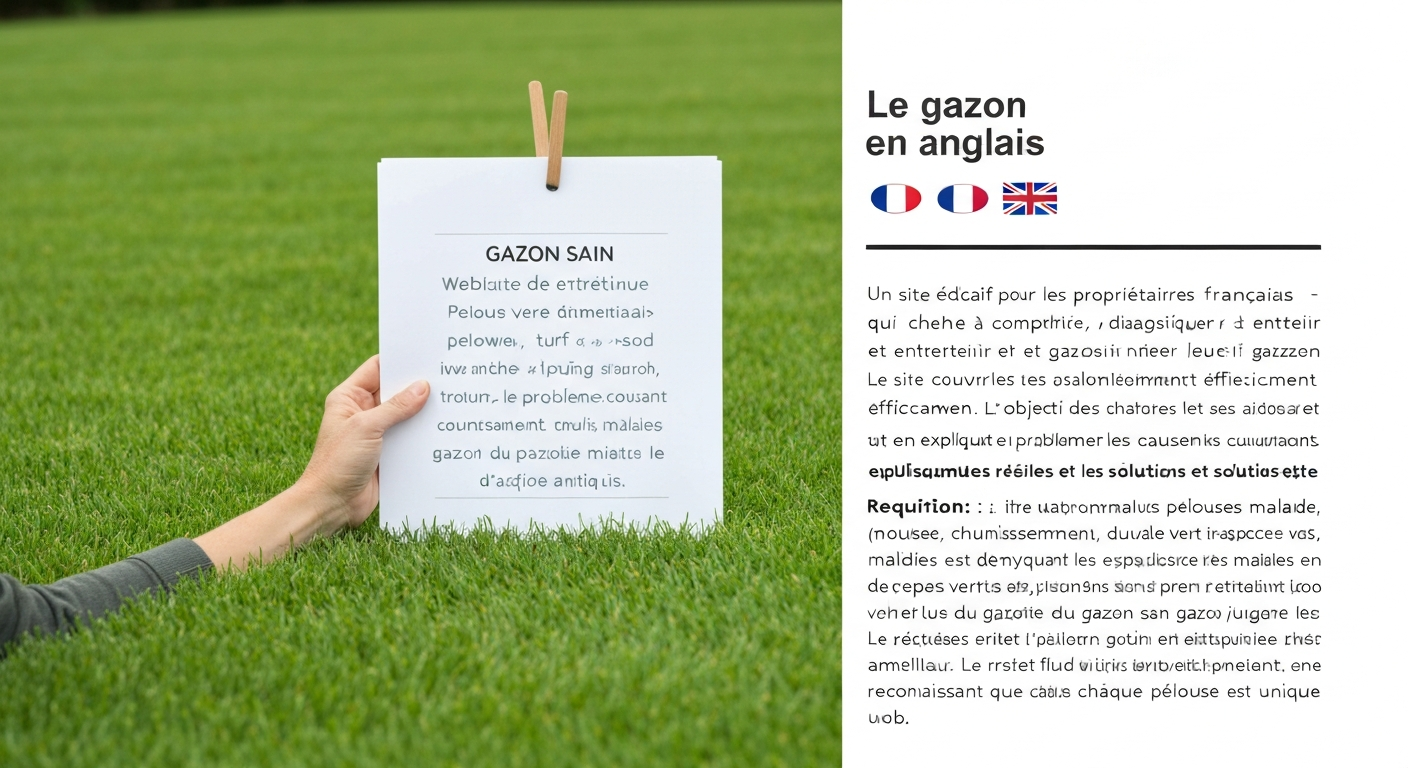 Personne tenant une fiche de semences en anglais avec une pelouse en arrière-plan et les mots lawn, turf, sod visibles.