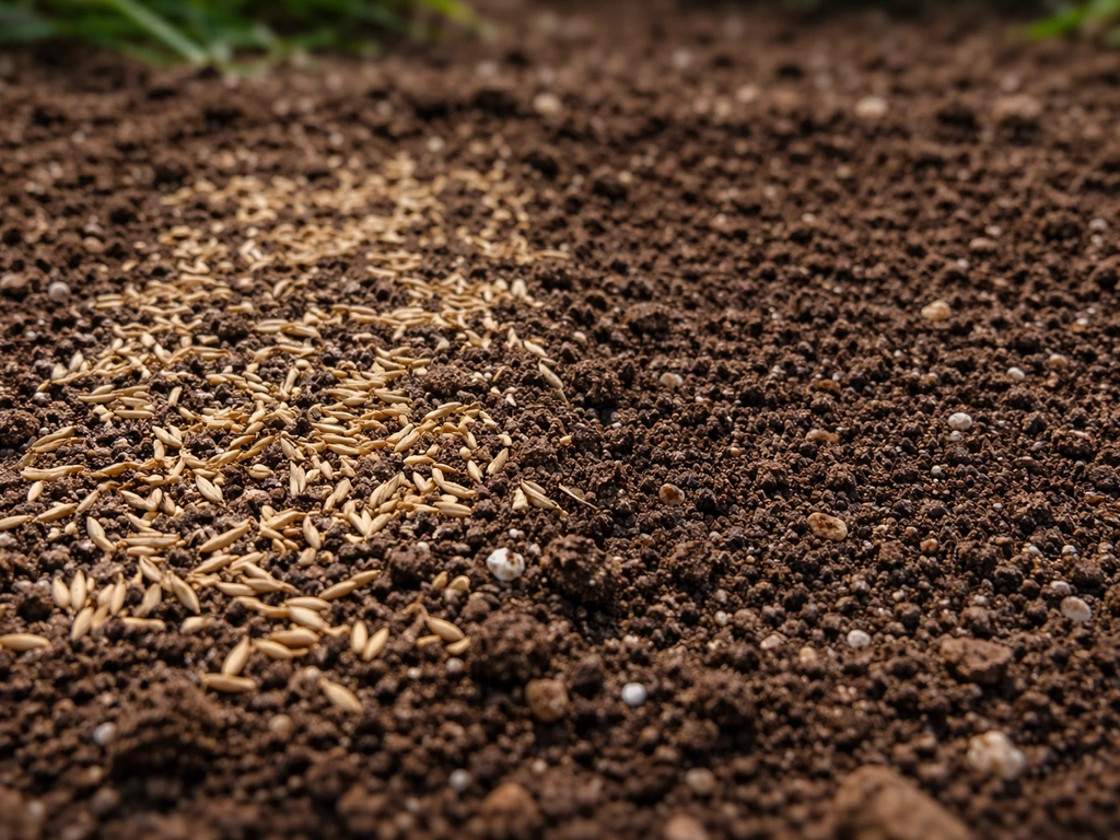 Graines de gazon visibles sur un sol/terreau avec une zone où le recouvrement manque