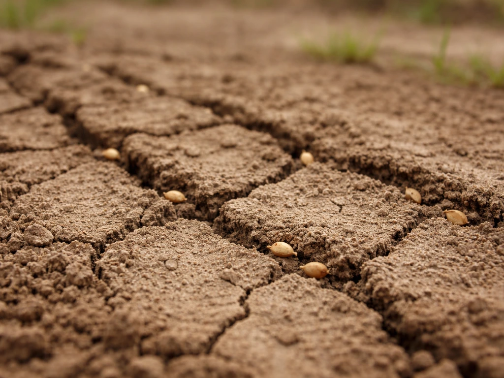 Graines non germées sur un sol craquelé et sec, avec fissures visibles en surface.