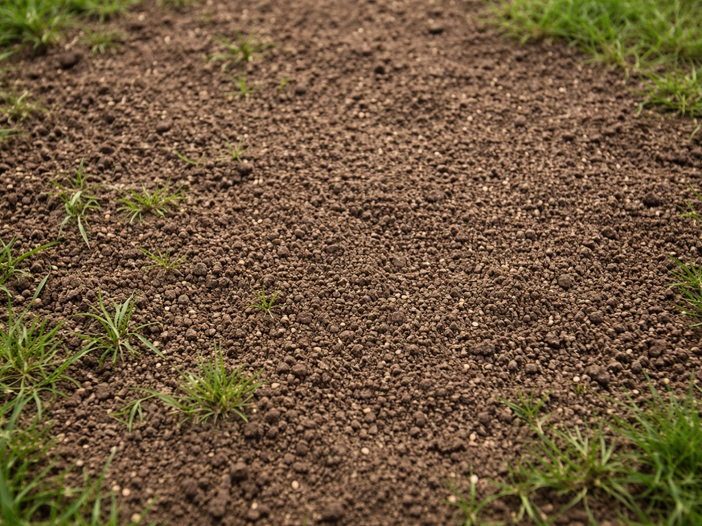 Vue au-dessus d’une zone de pelouse réparée avec du terreau tamisé fin étalé après regarnissage