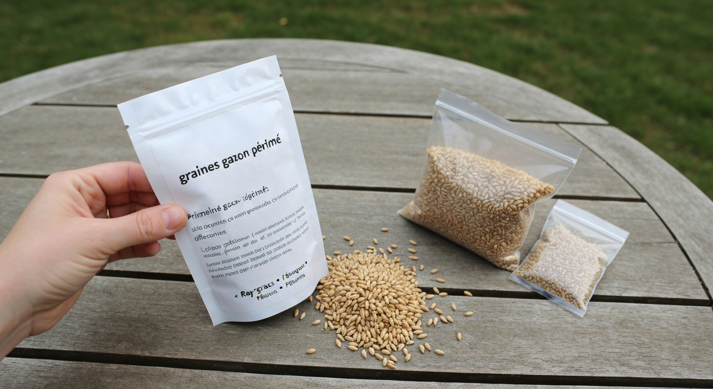 Gros plan d'un sachet de graines de gazon ouvert sur essuie‑tout humide, main tenant une graine et étiquette indiquant les espèces