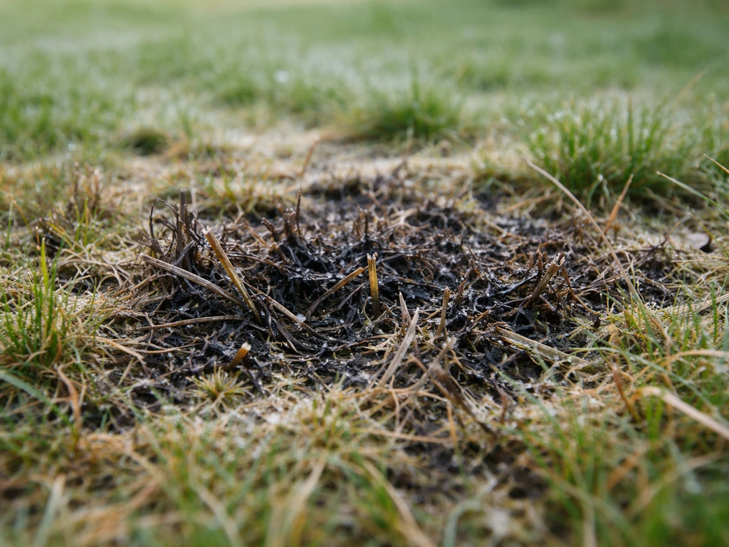 Gros plan de pelouse avec touffes d’herbe brunies/noircies et brins abîmés après une gelée.