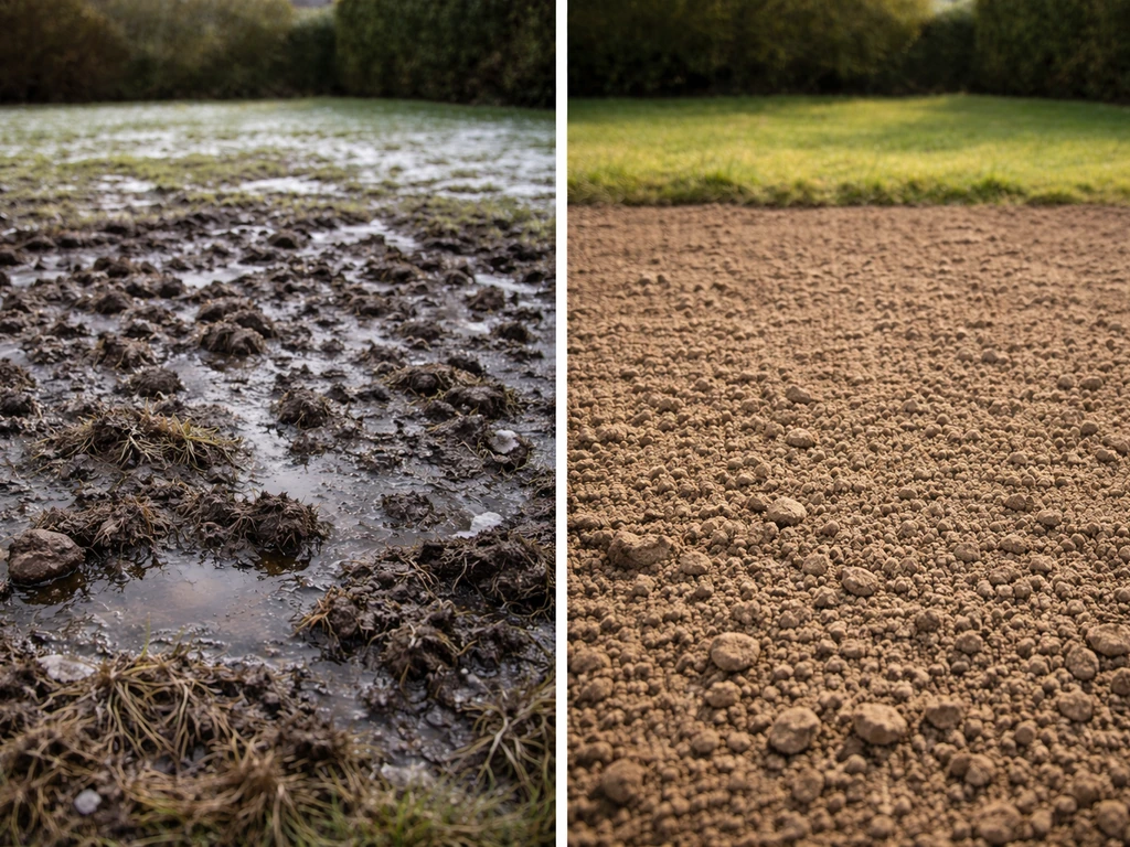 Comparaison de sol : terre gelée et collante à gauche, puis terre réchauffée et émiettée prête à être semée à droite.