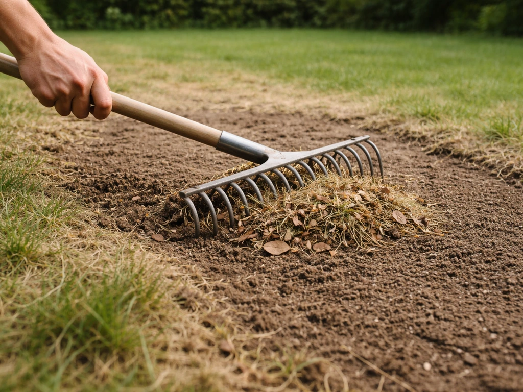 Jardinier ratisse un sol à nu, retirant le chaume et préparant la terre avant le semis de gazon.