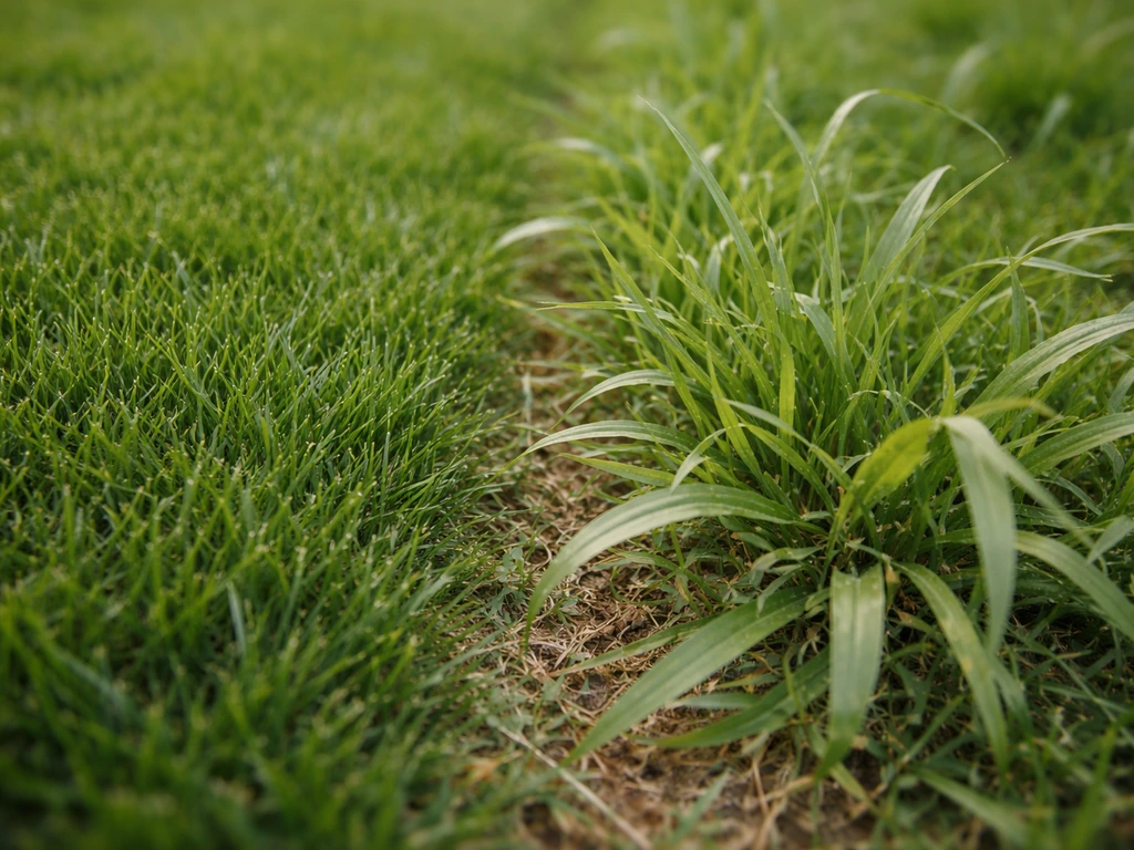 Gazon vert et brins d’herbe envahissante au premier plan, texture et forme contrastées pour les distinguer.