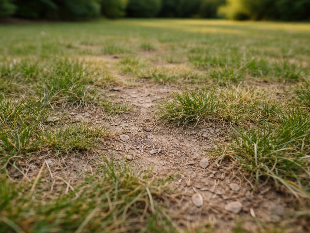 Gazon clairsemé sur sol compact, avec zones dénudées montrant pourquoi des herbes envahissantes s’installent