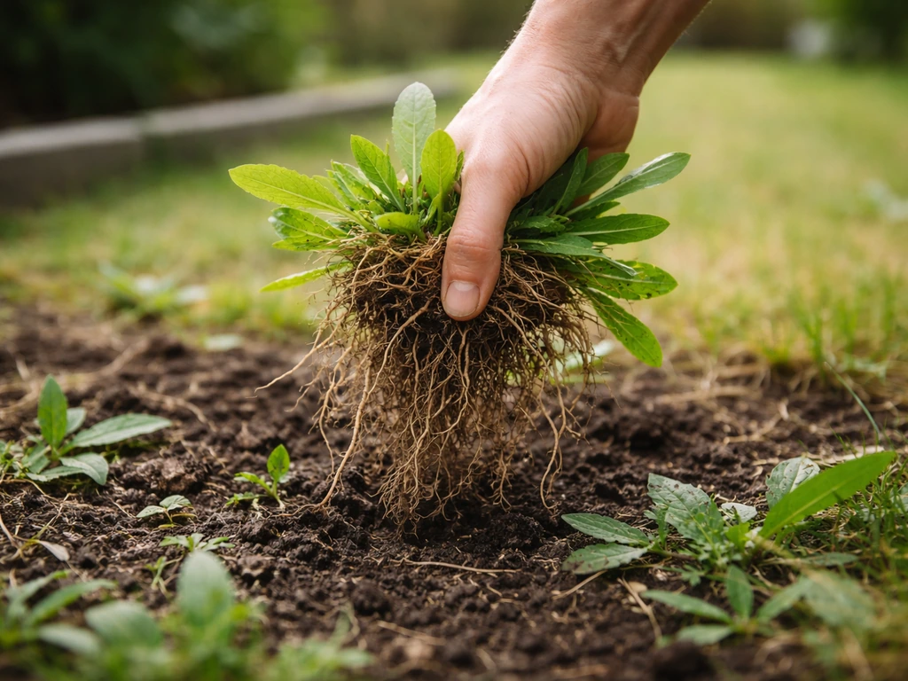 Désherbage manuel : main arrachant une touffe d’herbe avec la motte et des racines, dans un petit jardin.