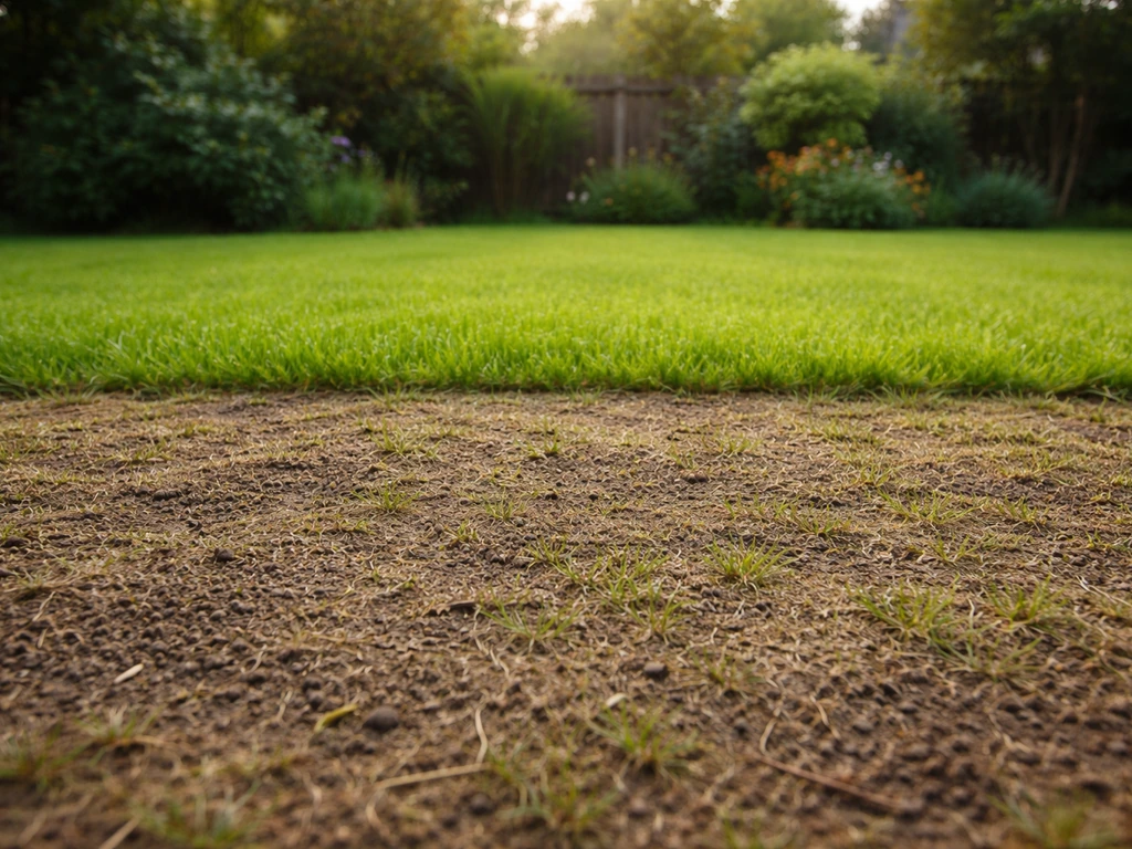 Jardin tondu très court avec terre visible, puis jeune gazon en reprise en arrière-plan, ambiance avant/après.