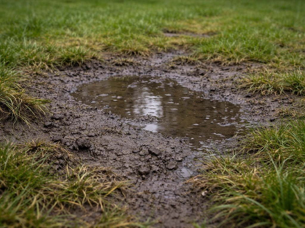 Pelouse avec sol compacté et zones humides où l’eau stagne, herbe décolorée et clairsemée.