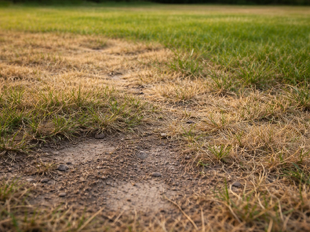Pelouse jaunie et zones sèches qui s’étendent, avec traces d’arrosage irrégulier visibles au sol.