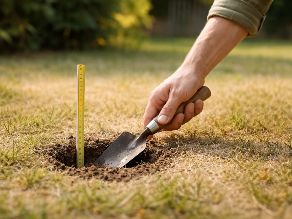 Main tenant une sonde de sol et une règle au bord d’une zone d’herbe jaunie, jardin minimal.