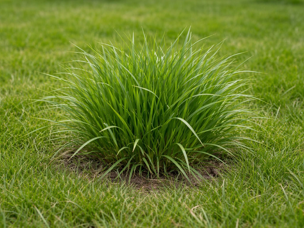 Gros plan sur une touffe compacte en bouquet de fétuque des prés dans une pelouse, brins regroupés