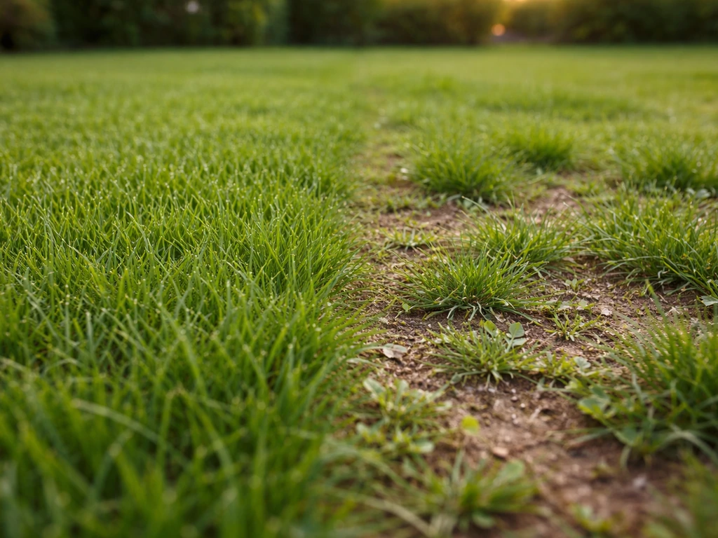 Pelouse avec une zone dense et saine et, à côté, des taches de sol nu et une colonisation clairsemée.