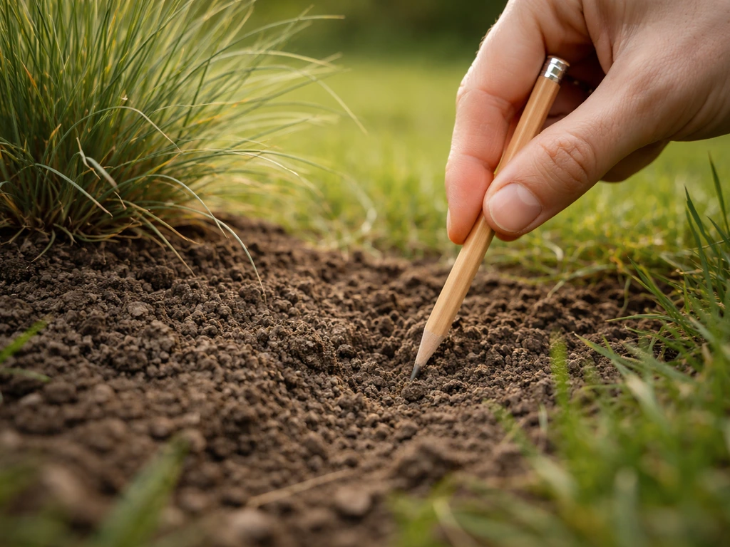 Une main enfonce un crayon dans le sol à côté d’une touffe d’herbe, montrant une texture différente.