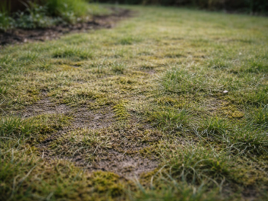 Surface de pelouse compactée envahie de mousse et feutrage, avant préparation du sol