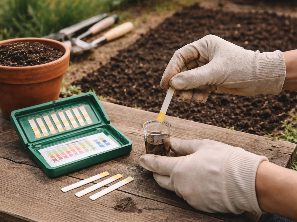 Jardinière teste le pH du sol avec un kit de bandelettes près d’une préparation de semis