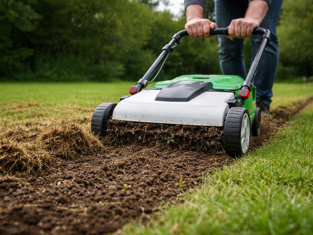 Tonte et scarification : lame d’outil entamant le feutrage sur un sol de pelouse, terre aérée visible